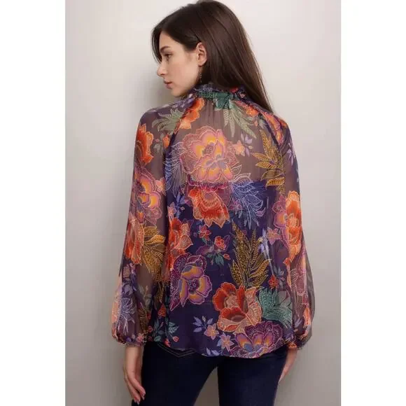 Johnny Was Jade Octavia Floral Silk Blouse Womens Large Oriental Semi Sheer - Picture 3 of 16